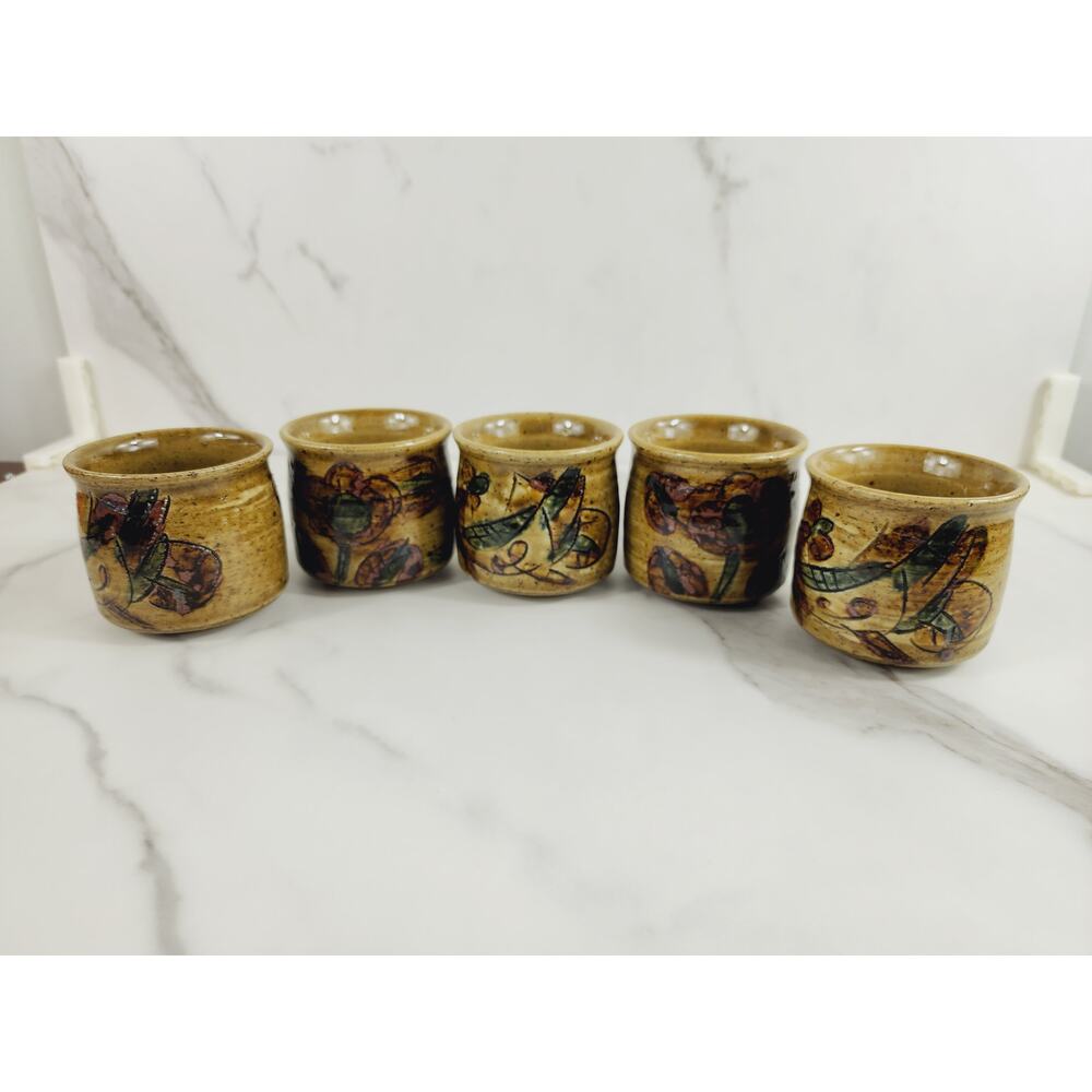Otagiri OMC Rustic Glazed Asian Cups 4oz Teacups 2 1/5" Camel 70's Japan x5 Vtg